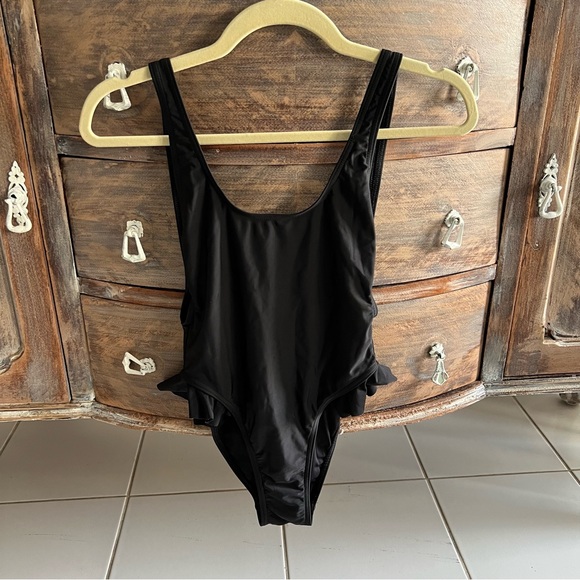 Free People X Gnash Swim One Piece bikini swimsuit black ruffle low back side 2 - Picture 9 of 14